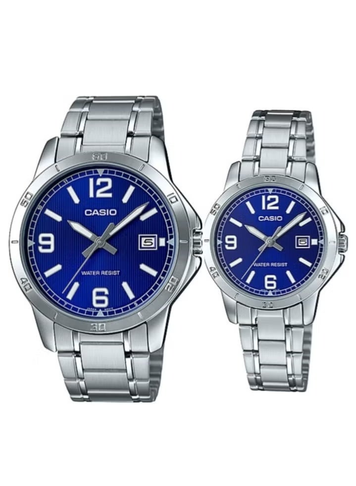 Casio Analog Blue Dial Stainless Steel Band Couple Watch Set MTP/LTP-V004D-2B - Image 1